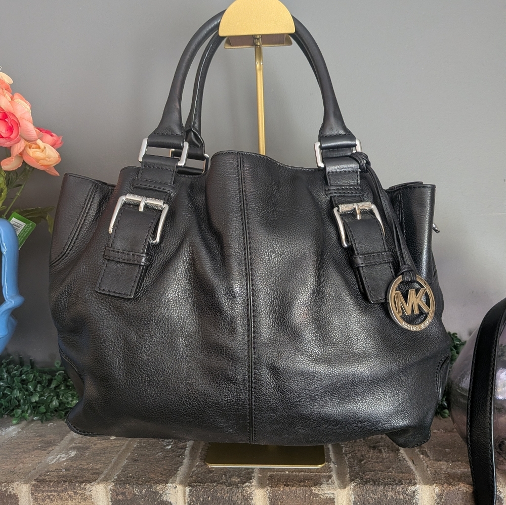 Michael Kors Black Leather Shoulder Bag with Gold MK Charm